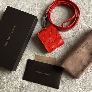 NWT Bottega Veneta Leather Mini Case & Lanyard Travel Accessory Intrecciato Red